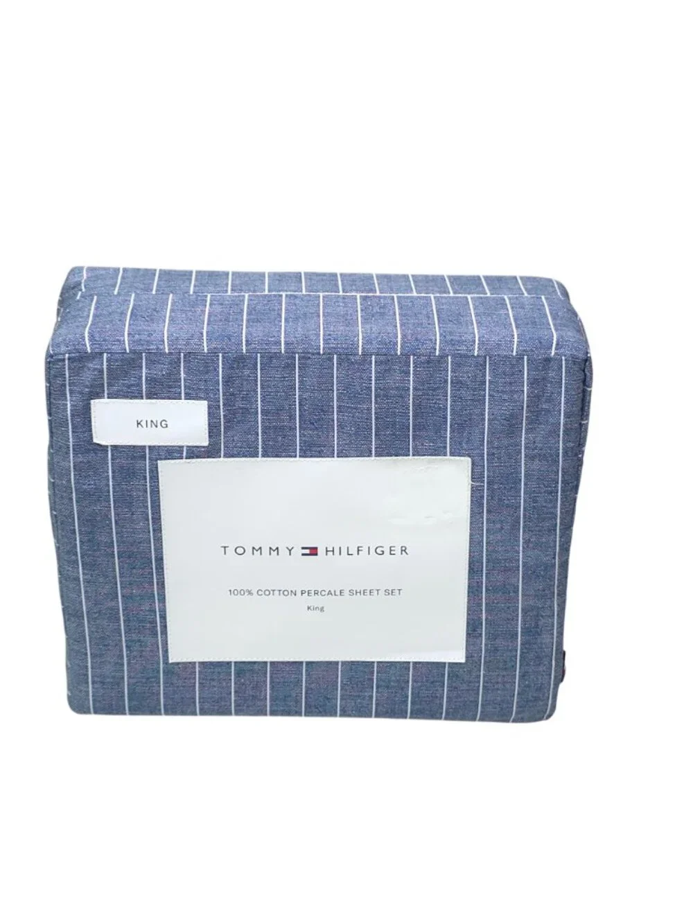 Tommy Hilfiger 100% Cotton Percale King Sheet Set Blue Stripe 4-Piece Denim Blue